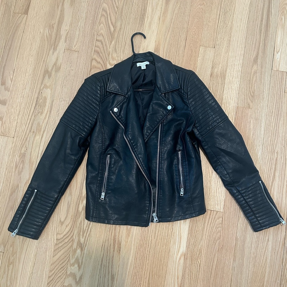 Topshop Black Leather Moto Jacket with Zipper Detailing